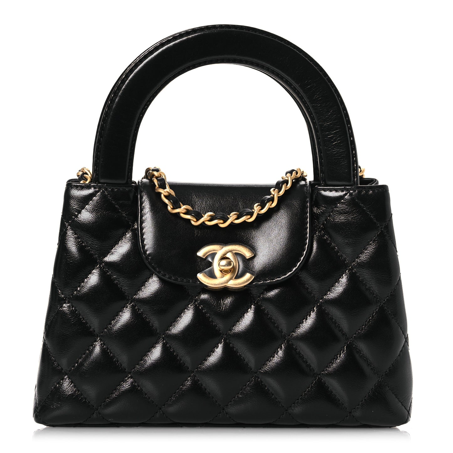 Shiny Aged Calfskin Quilted Nano Kelly Shopper Black