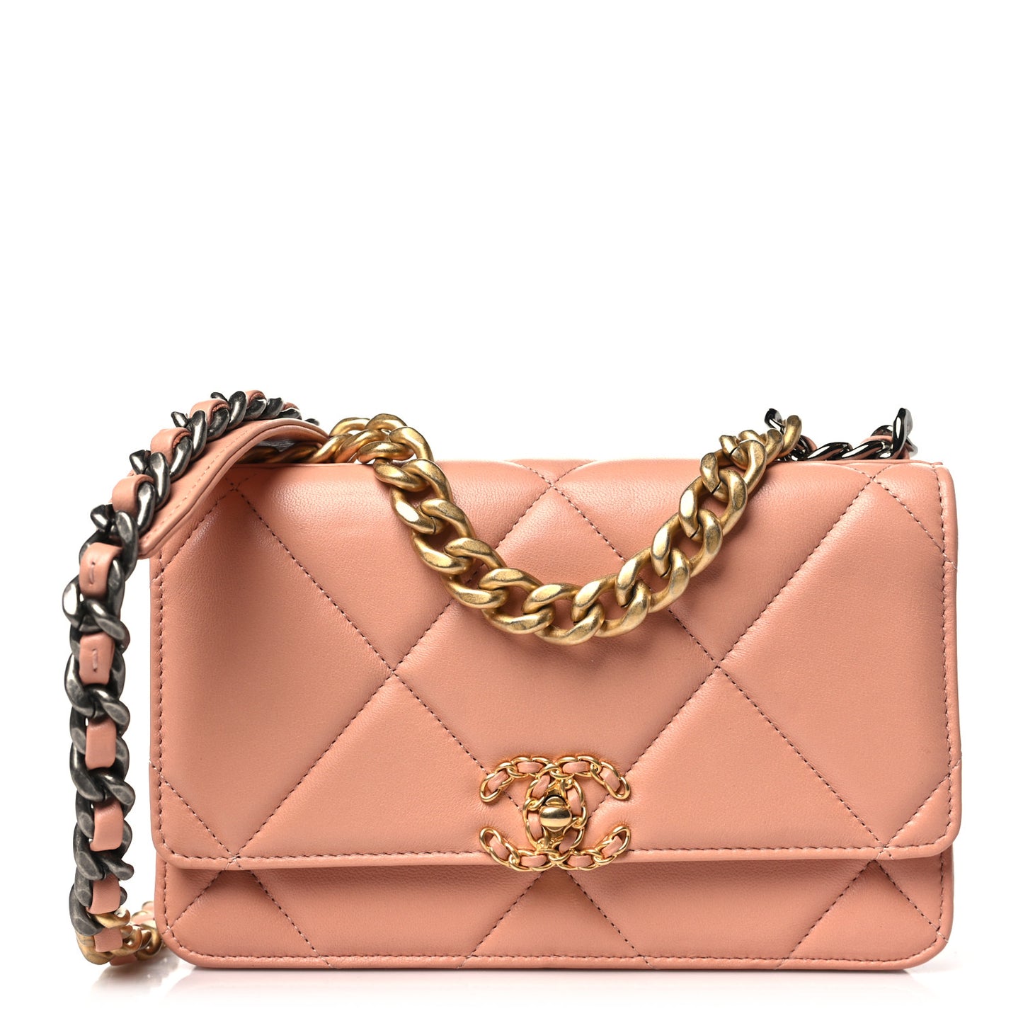 Lambskin Quilted Chanel 19 Wallet On Chain WOC Beige