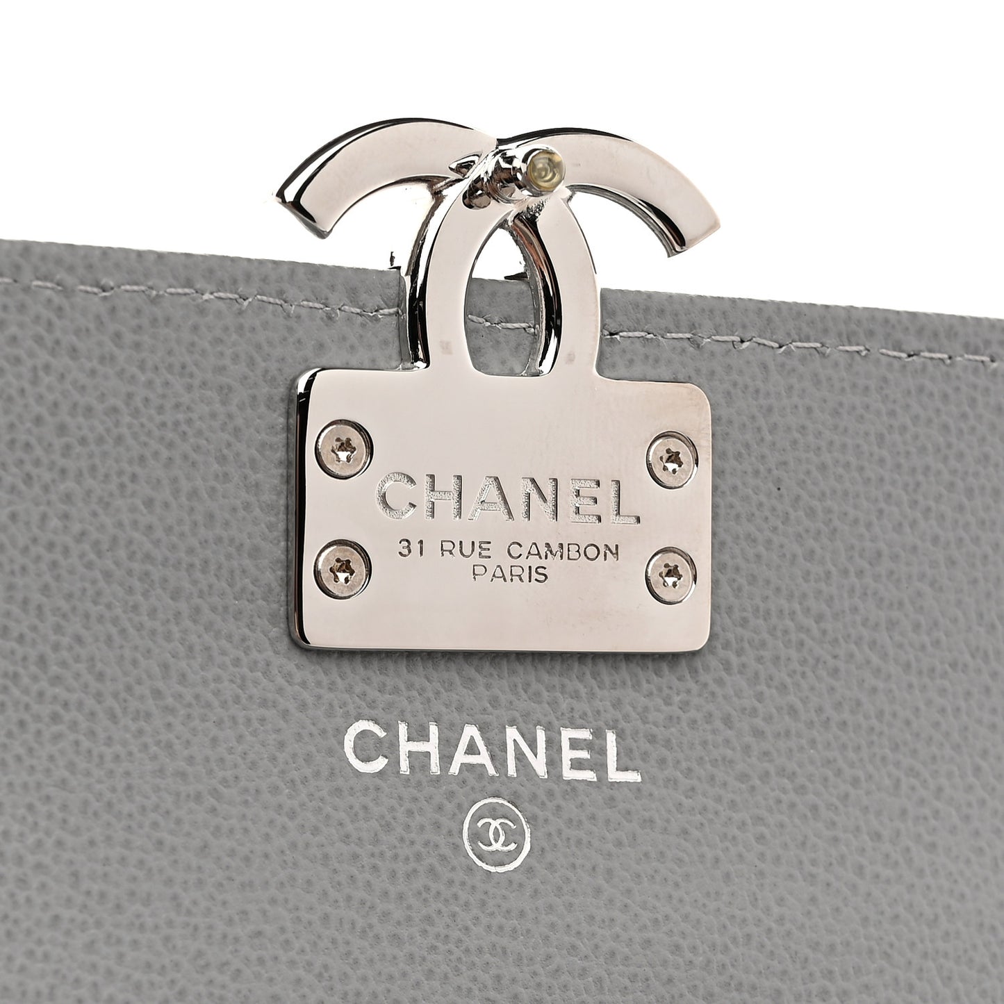 Grained Calfskin Quilted CC Box Flap Wallet Grey