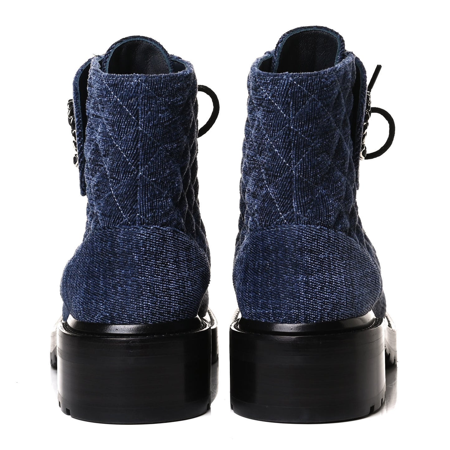 Shiny Calfskin Velvet Quilted Lace Up Combat Boots 39 Blue Black