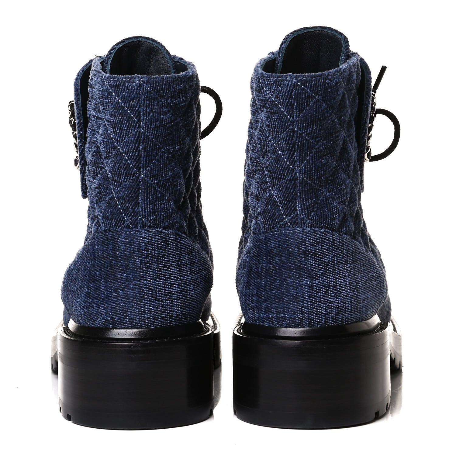 Chanel Shiny Calfskin Velvet Quilted Lace Up Combat Boots 39 Blue Black 6 of 14