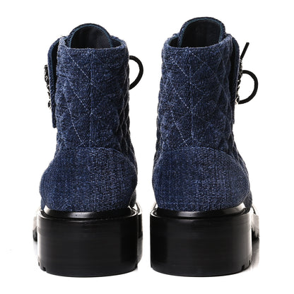 Chanel Shiny Calfskin Velvet Quilted Lace Up Combat Boots 39 Blue Black 6 of 14