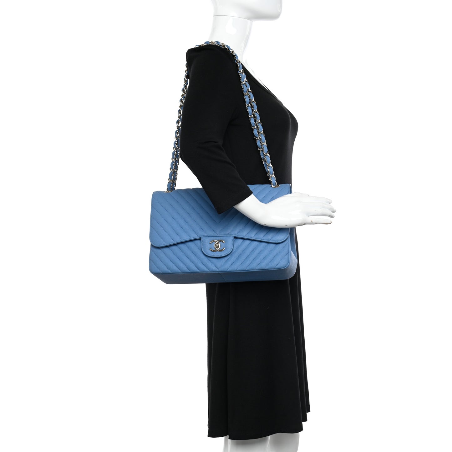 Caviar Flat Chevron Quilted Jumbo Double Flap Blue