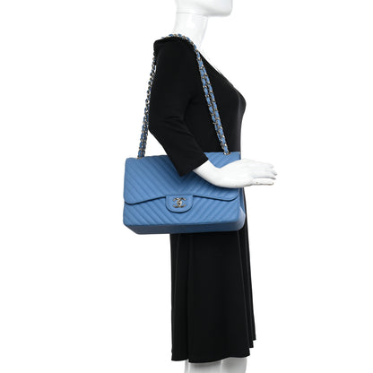 Chanel Caviar Flat Chevron Quilted Jumbo Double Flap Blue 2 of 12