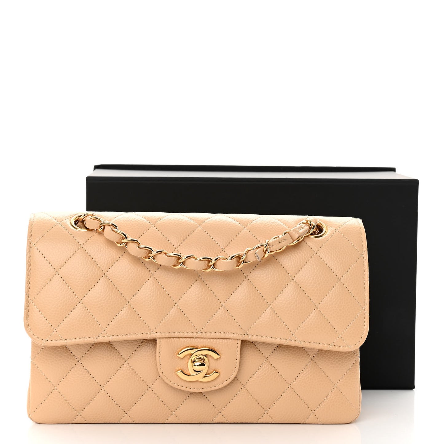 Caviar Quilted Small Double Flap Beige
