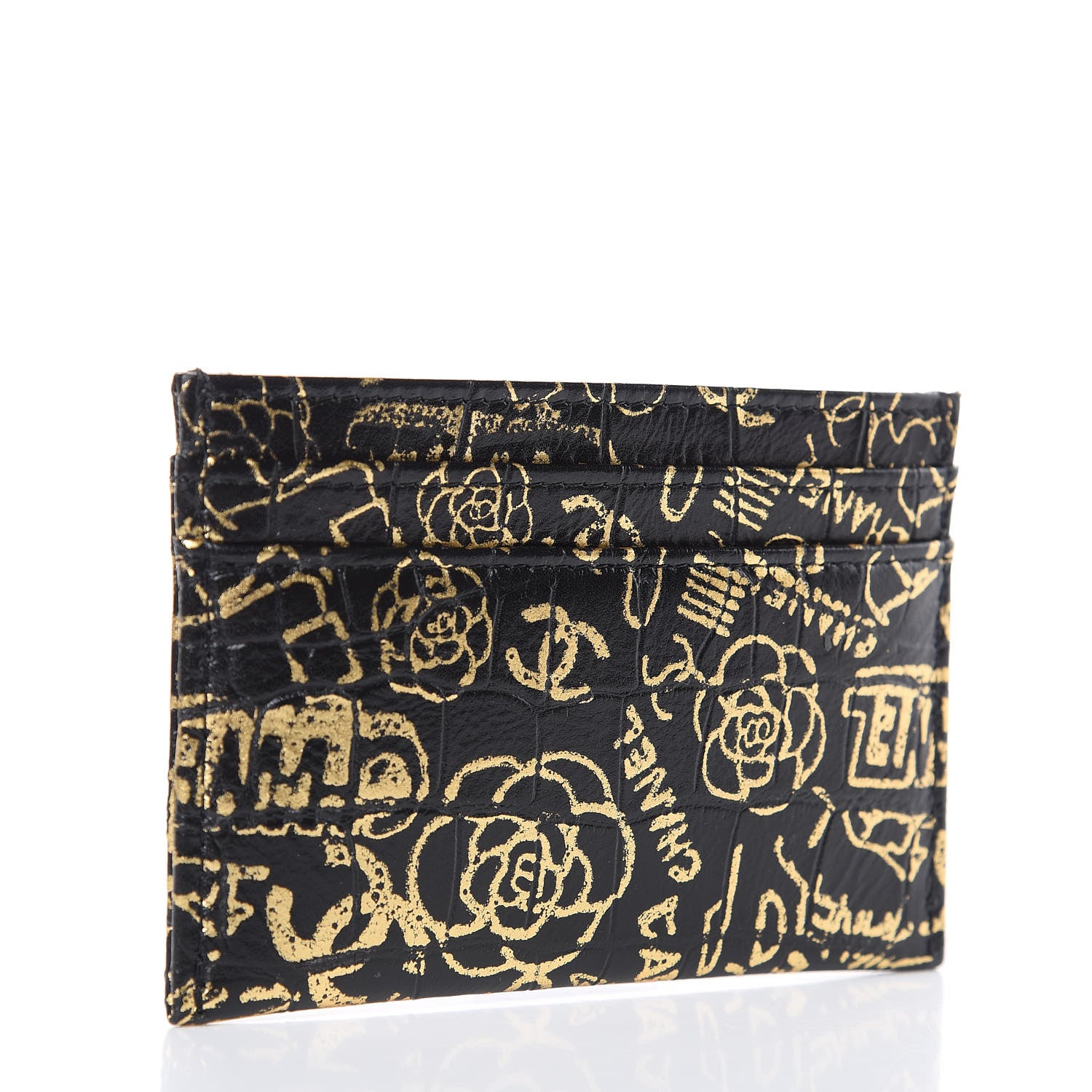 Chanel Calfskin Crocodile Embossed Graffiti 2.55 Cocodile Reissue Card Holder Black Gold 3 of 9