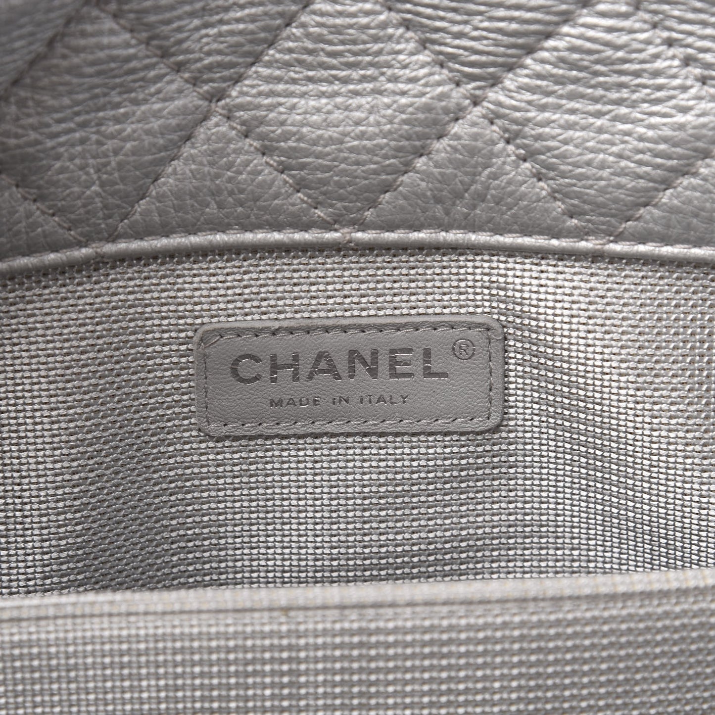 Metallic Calfskin Quilted XXL Travel Flap Bag Silver