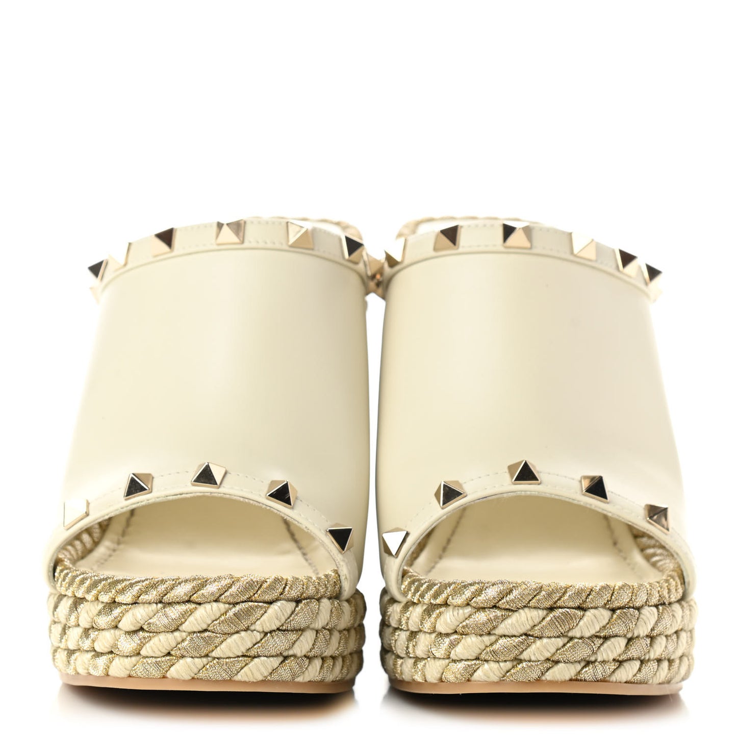 Calfskin Silk Rockstud Torchon Espadrille Wedge 25/115mm Slide Sandals 38 Light Ivory