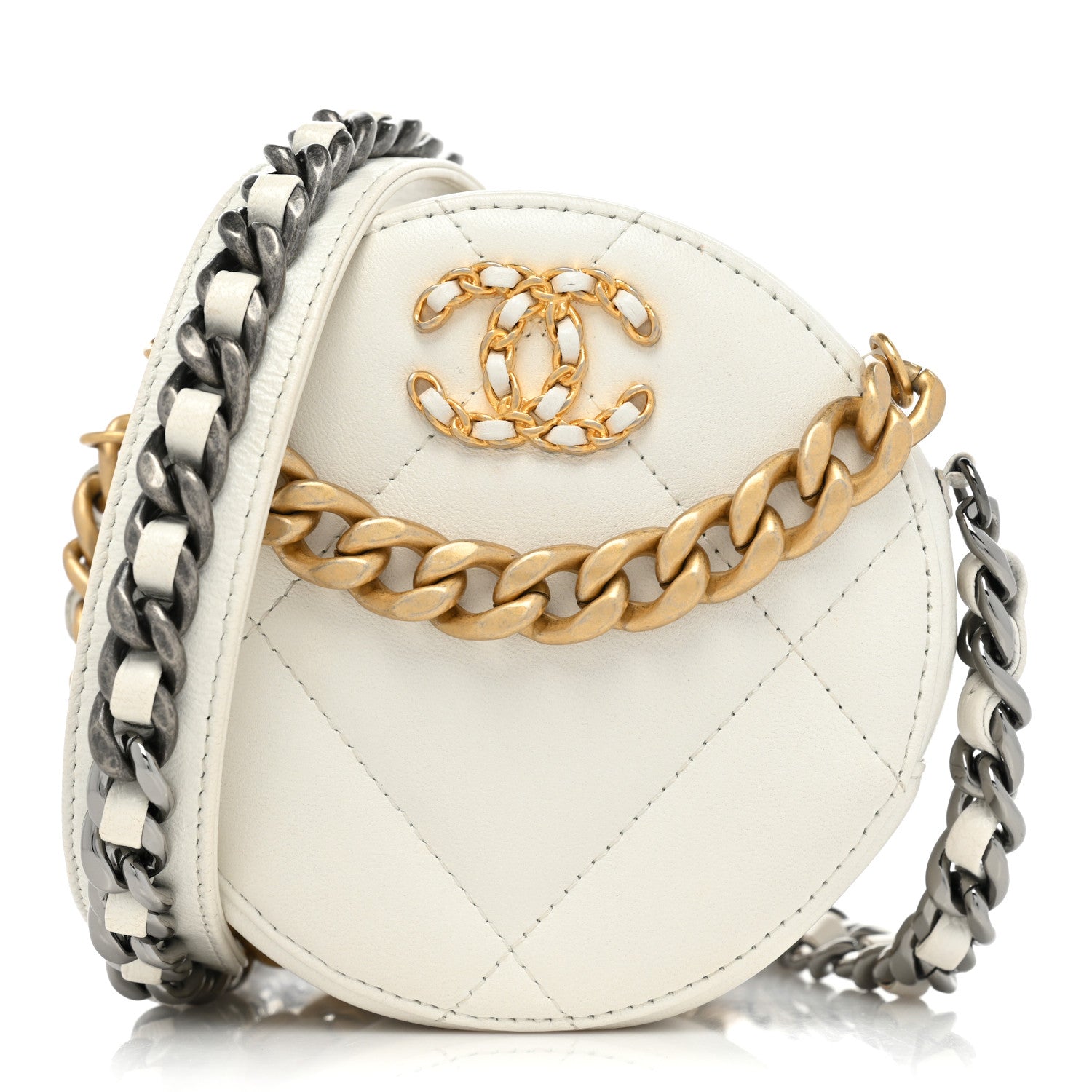 Chanel Goatskin Quilted Chanel 19 Round Clutch With Chain White 1 of 10