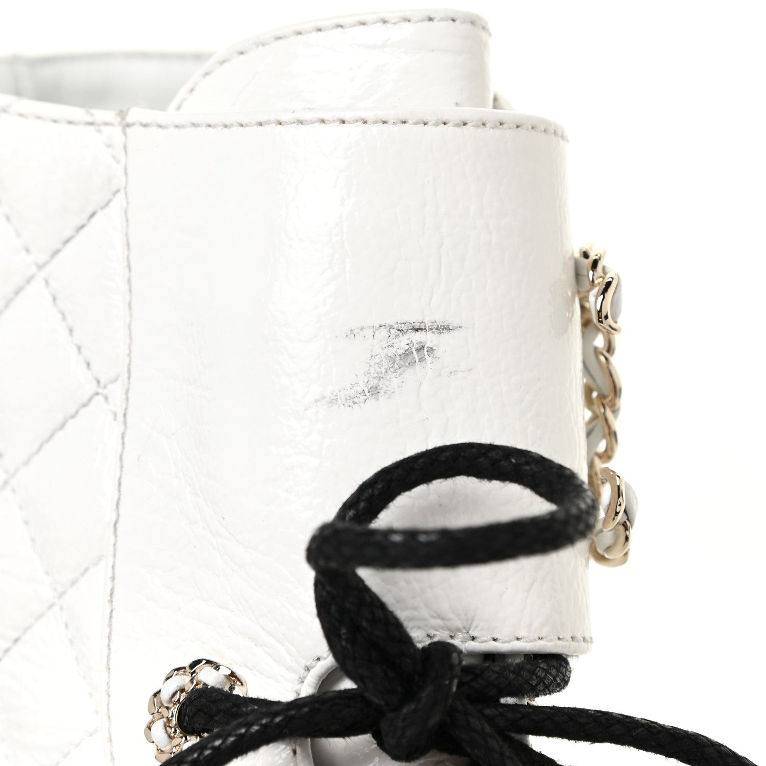 Chanel Shiny Goatskin Calfskin Quilted Lace Up Combat Boots 37 White Black 7 of 12