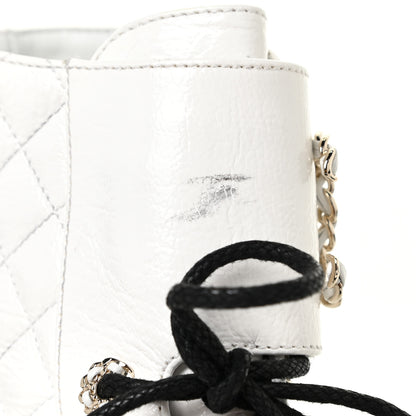 Chanel Shiny Goatskin Calfskin Quilted Lace Up Combat Boots 37 White Black 7 of 12