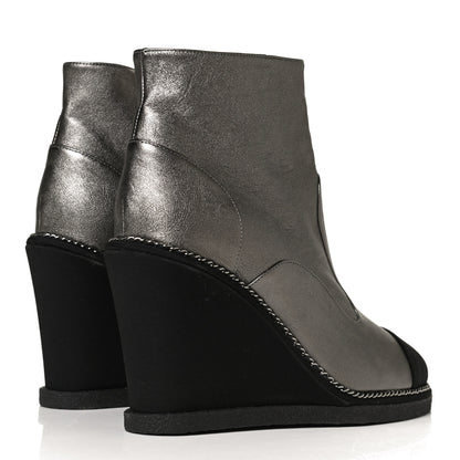 Chanel Metallic Lambskin Grosgrain Cap Toe Wedge Boots 37 Silver Black 4 of 9