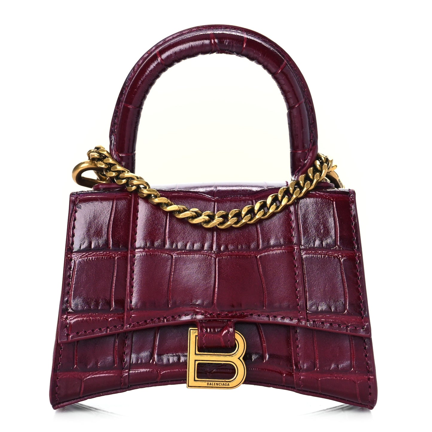 Shiny Calfskin Crocodile Embossed Hourglass Top Handle Bag Mini with Chain Dark Red
