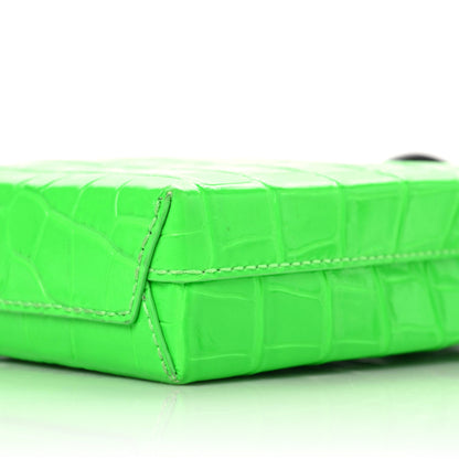 Balenciaga Shiny Calfskin Crocodile Embossed Logo Shopping Phone Holder Bag Fluo Green Black 6 of 10