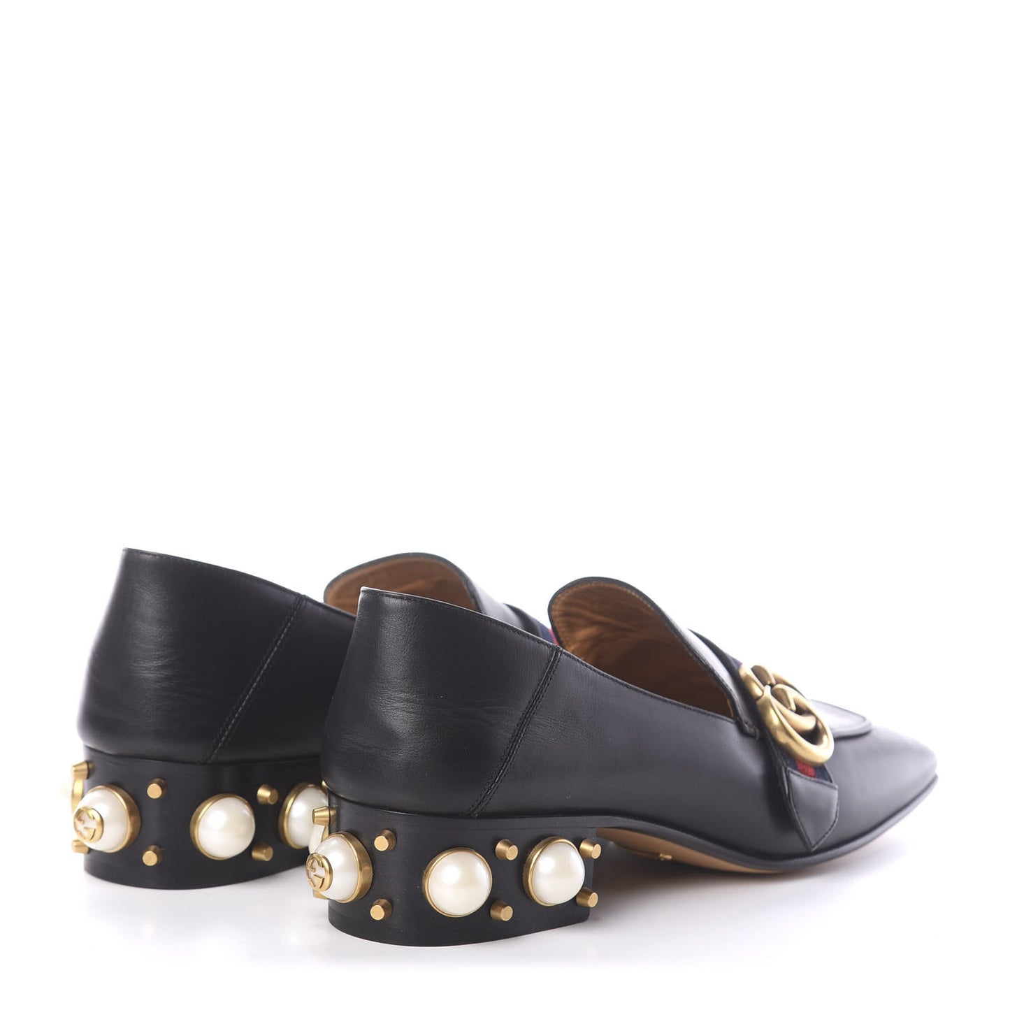 Betis Glamour Calfskin Web Pearl Embellished Peyton 35mm Loafer Pumps 38 Black