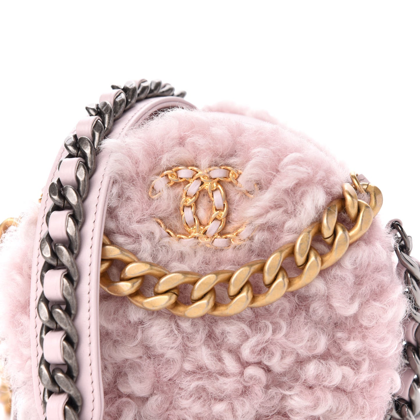 Shearling Sheepskin 19 Round Clutch With Chain Light Pink