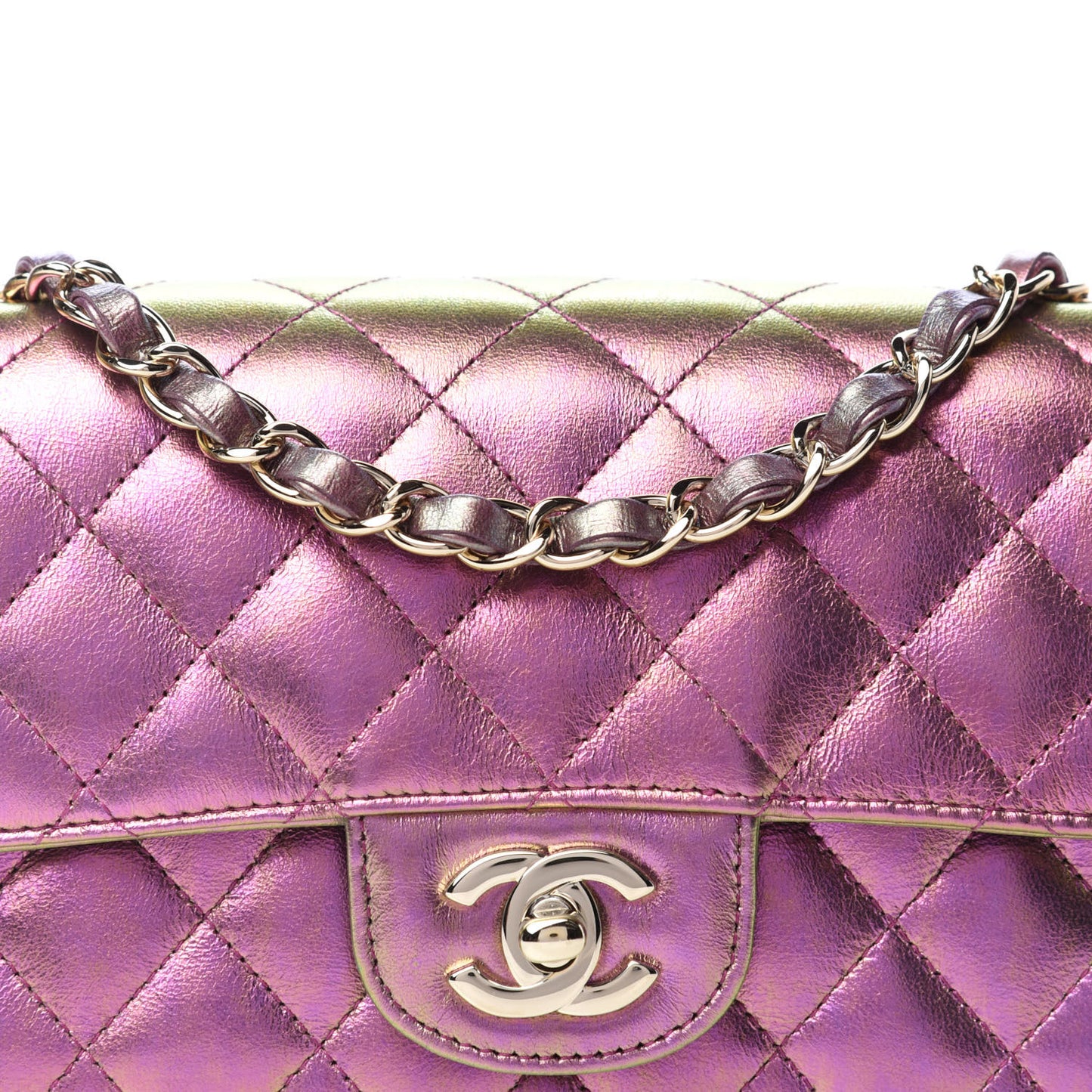 Iridescent Lambskin Quilted Mini Rectangular Flap Purple
