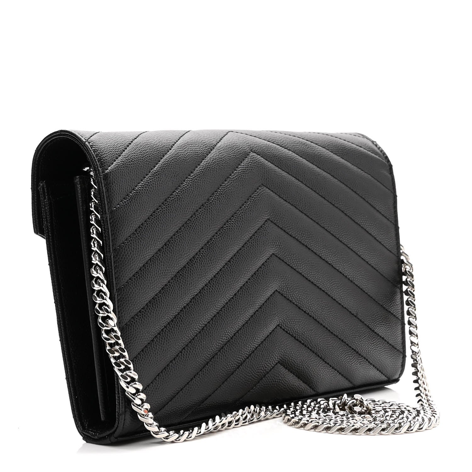 Saint Laurent Grain De Poudre Matelasse Chevron Monogram Chain Wallet Black 3 of 10