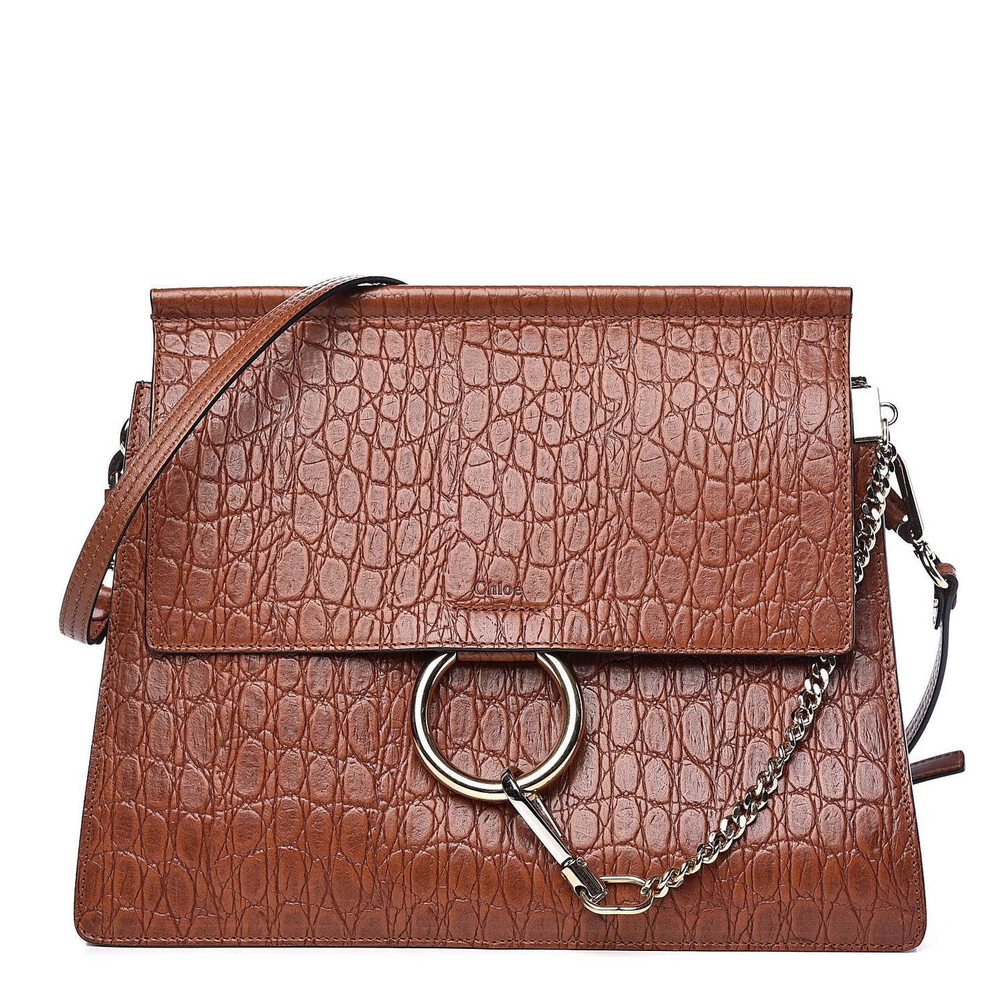 Calfskin Crocodile Embossed Medium Faye Shoulder Bag Mahogany