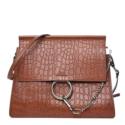 Chloe Calfskin Crocodile Embossed Medium Faye Shoulder Bag Mahogany 1 of 12
