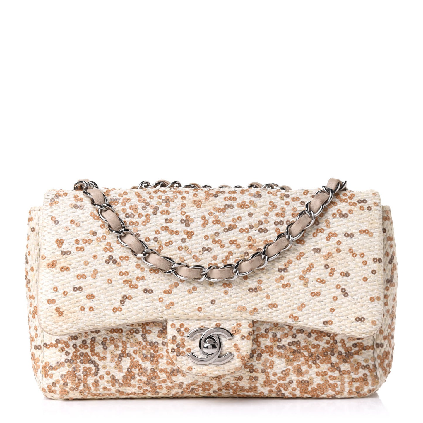 Raffia Sequin Small Single Flap Beige Gold