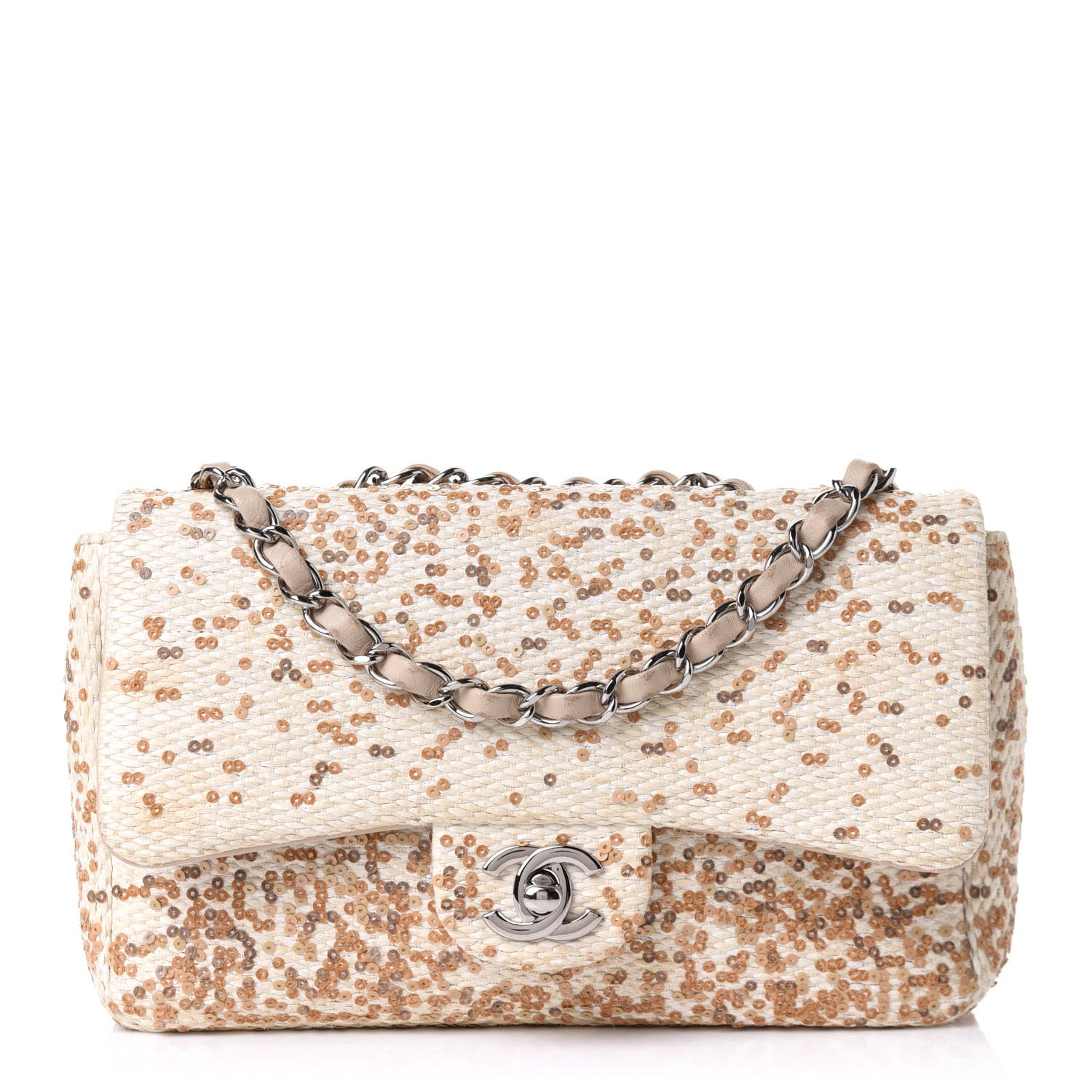 Chanel Raffia Sequin Small Single Flap Beige Gold 1 of 9