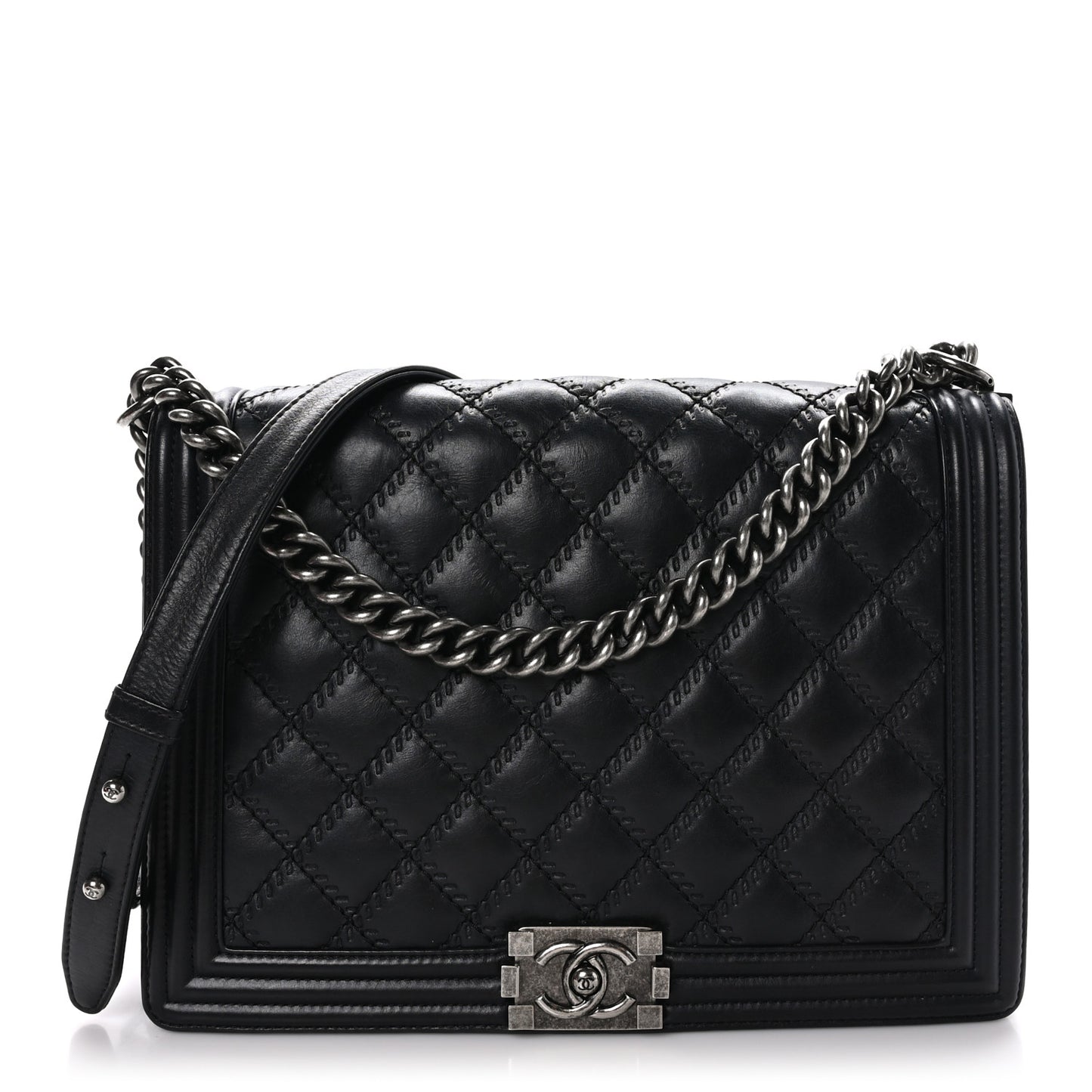 Calfskin Embossed Stitch Large Boy Flap Black