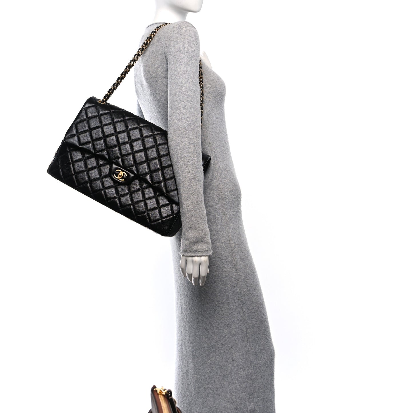 Grained Calfskin Quilted XXL Travel Flap Bag Black