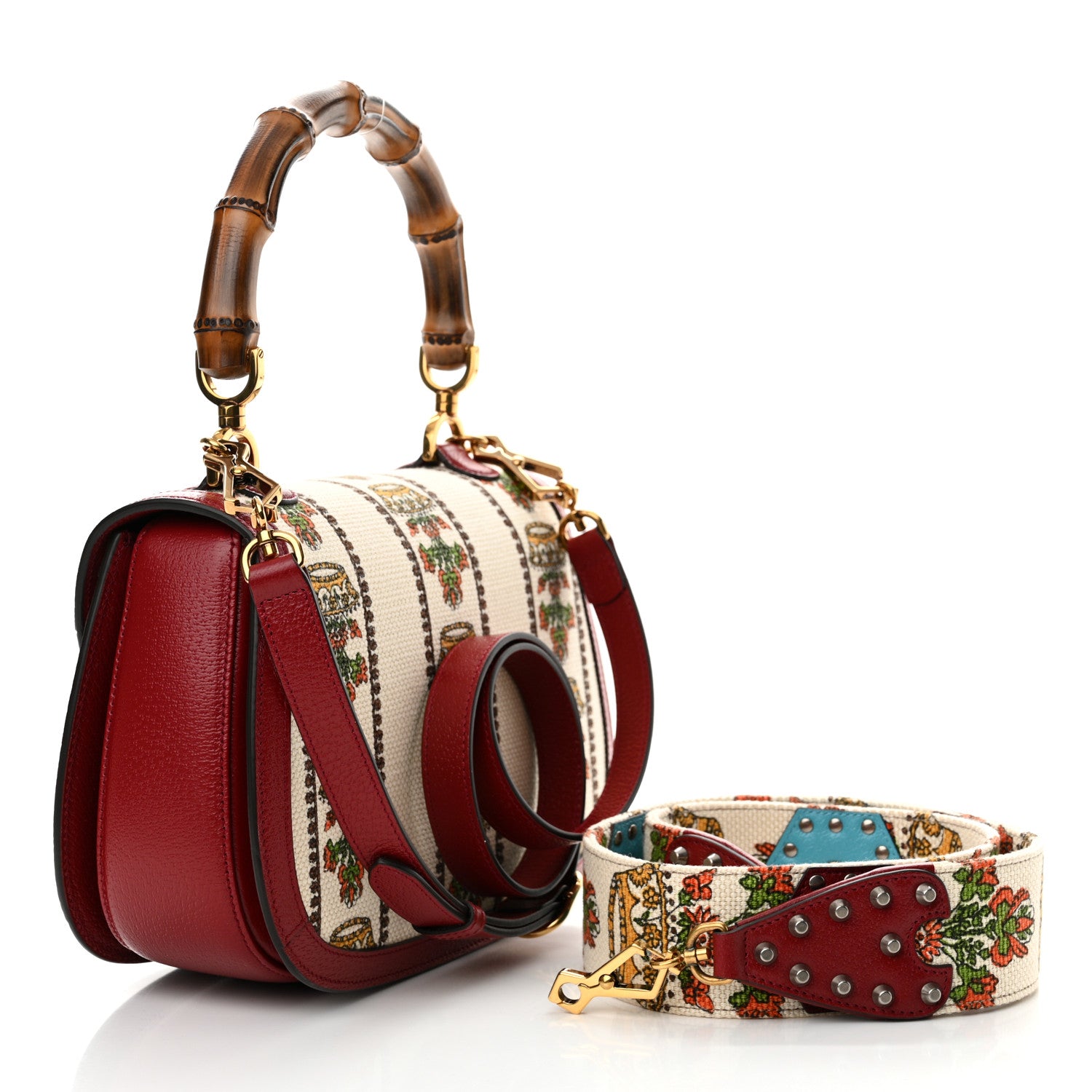 Gucci Canvas Calfskin 100 Centennial Music Medium Bamboo 1947 Top Handle Bag Ivory Red 3 of 10