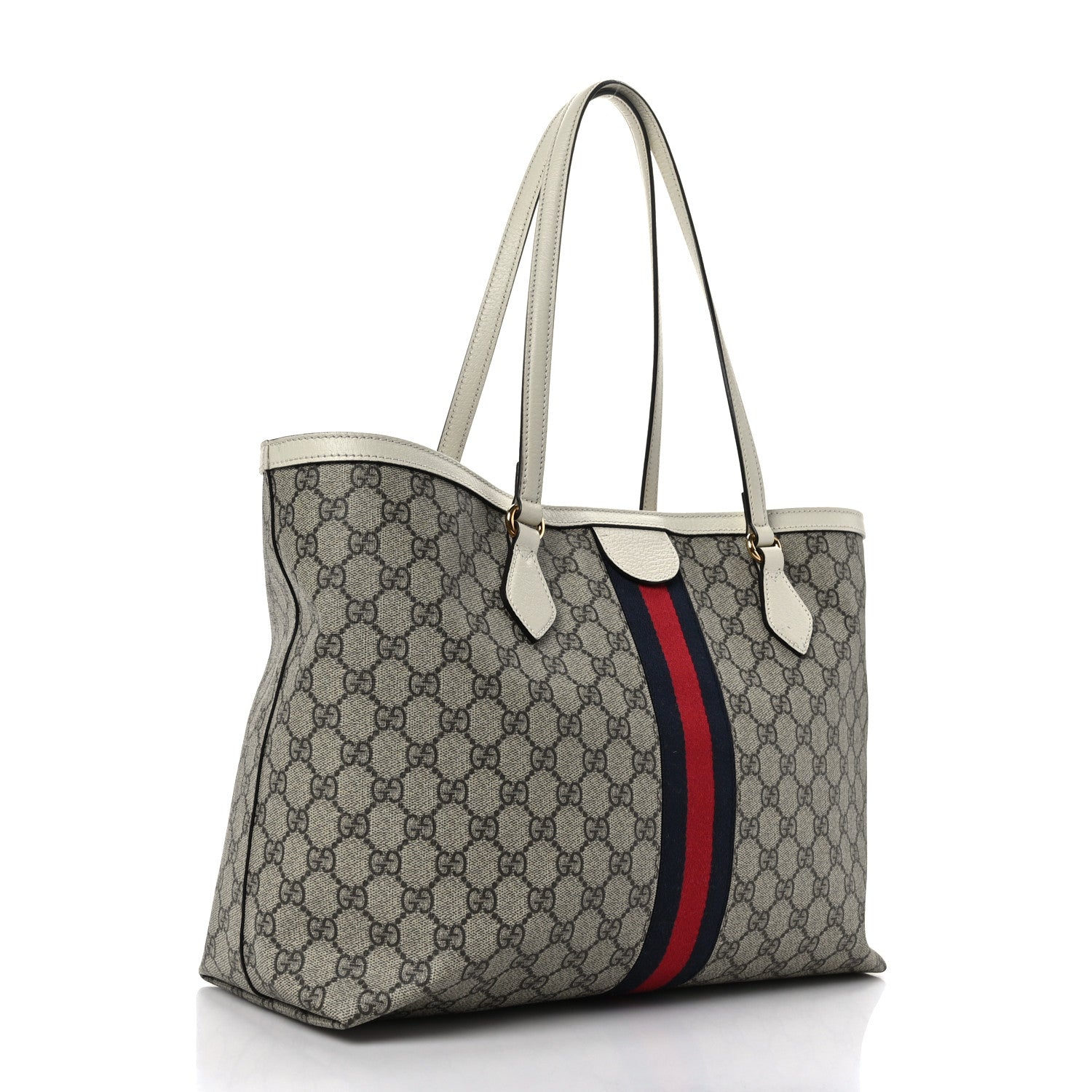 Gucci GG Supreme Monogram Textured Dollar Calfskin Web Medium Ophidia Shopping Tote Beige Ebony Mystic White 3 of 10