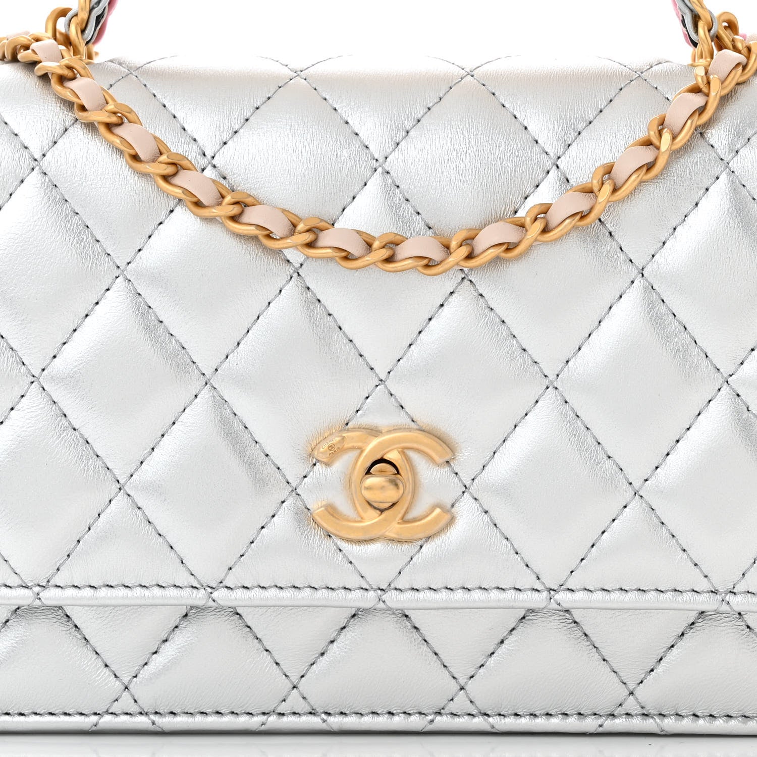 Chanel Metallic Calfskin Quilted Top Handle Wallet on Chain WOC Silver 9 of 12