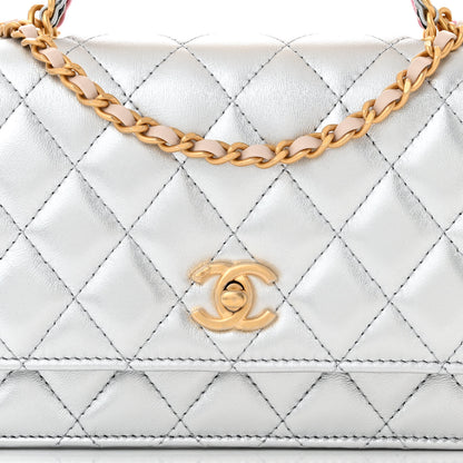 Chanel Metallic Calfskin Quilted Top Handle Wallet on Chain WOC Silver 9 of 12