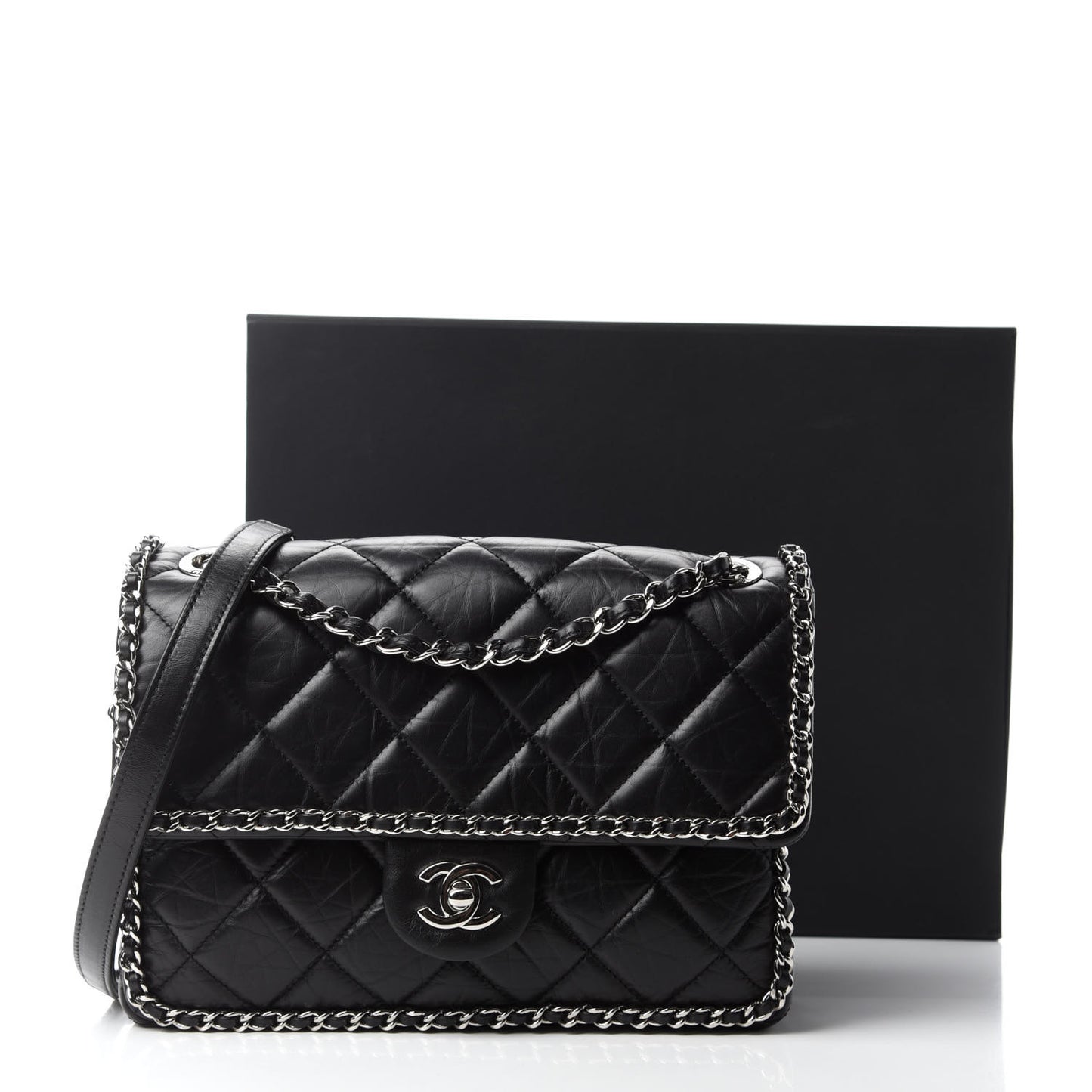 Crumpled Calfskin Medium Chain All Over Flap Black