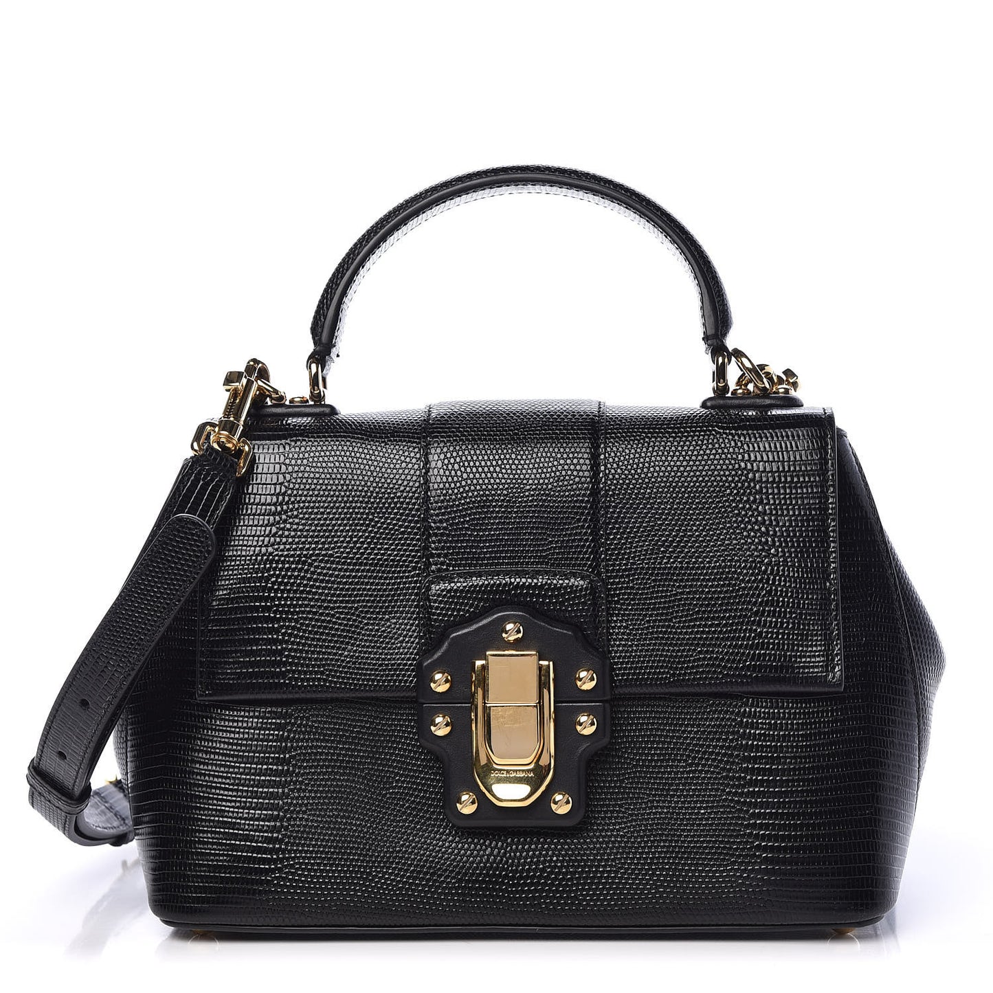 Iguana Calfskin Embossed Lucia Top Handle Bag Black