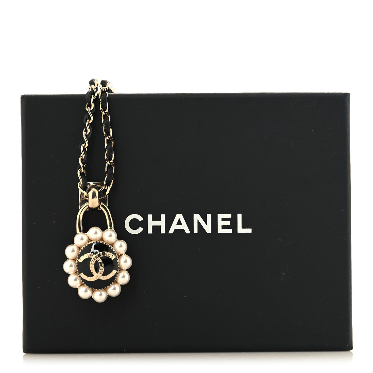 Crystal Pearl Lambskin CC Chain Necklace Gold Black Pearly White