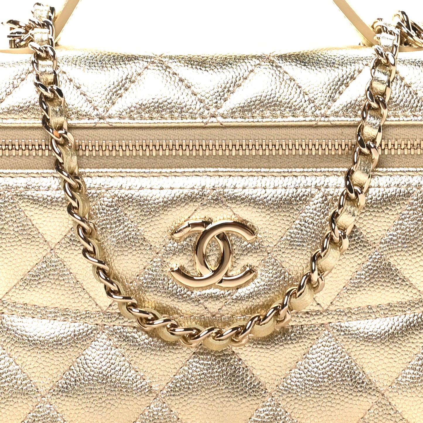 Metallic Caviar Quilted Trendy Handle Slim Vanity Gold