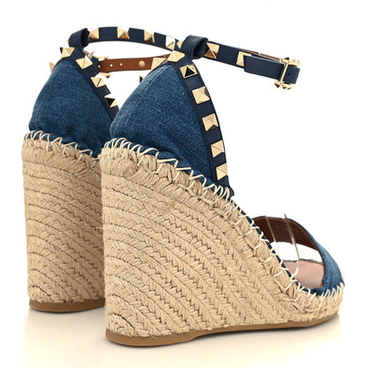 Valentino Garavani Denim Rockstud Ankle Strap Espadrille 15/105mm Wedge Sandals 37 Light Denim 4 of 8
