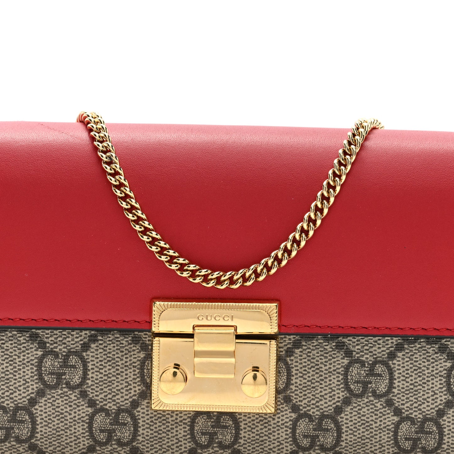 GG Supreme Monogram Moon Calfskin Padlock Continental Chain Wallet Beige Ebony Hibiscus Red New Rosette