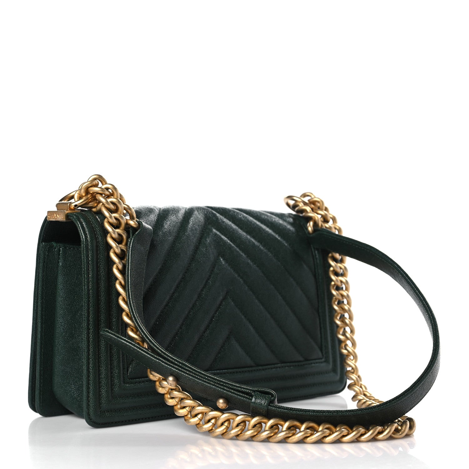 Chanel Caviar Chevron Quilted Medium Boy Flap Dark Green 3 of 9