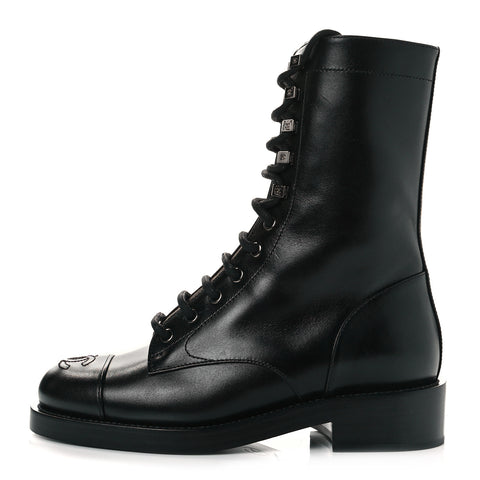 Calfskin Lace Up Combat Boots 36 Black