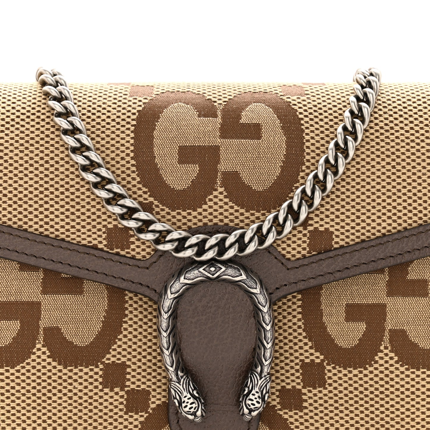 Monogram Jumbo GG Textured Dollar Calfskin Mini Dionysus Chain Wallet Camel Ebony New Acero