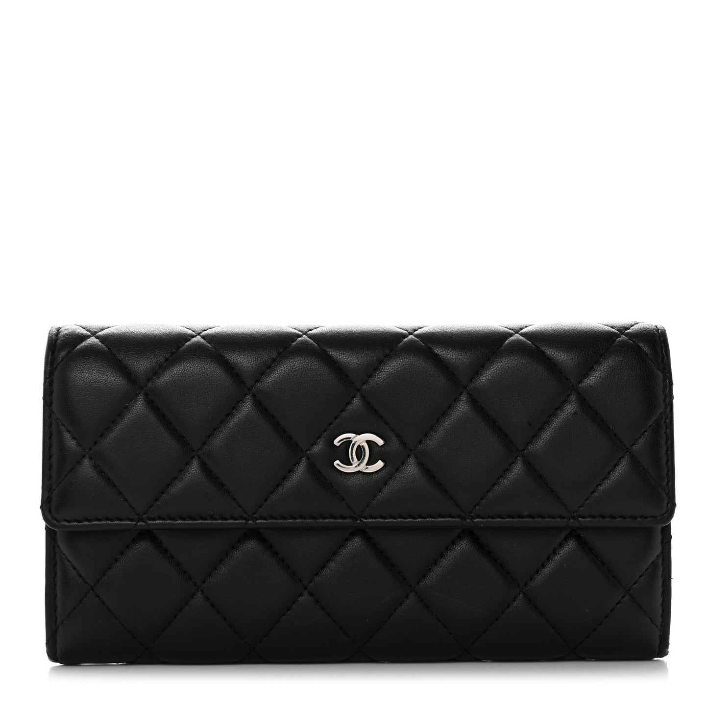 Lambskin Quilted Large Gusset Flap Wallet Black