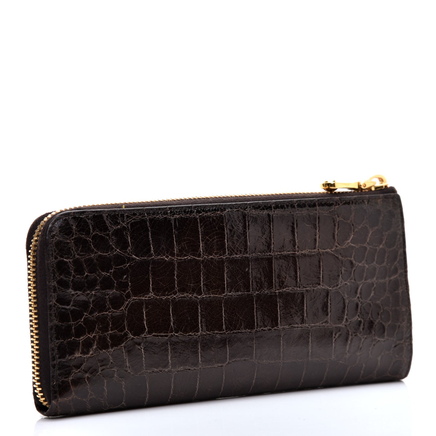 Calfskin Crocodile Embossed Calfskin Zip Around Wallet Dark Brown