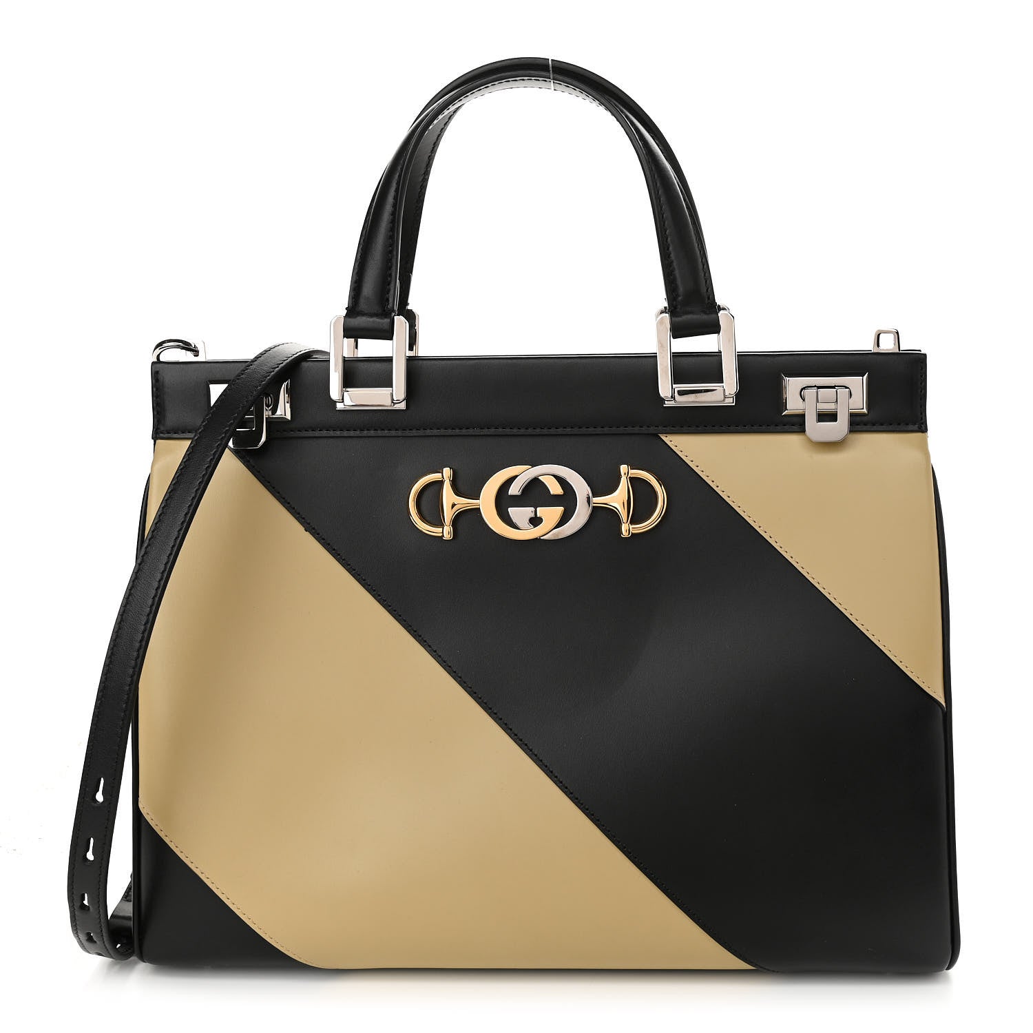 Gucci Smooth Calfskin Diagonal Striped Medium Zumi Top Handle Bag Black Beige 1 of 13