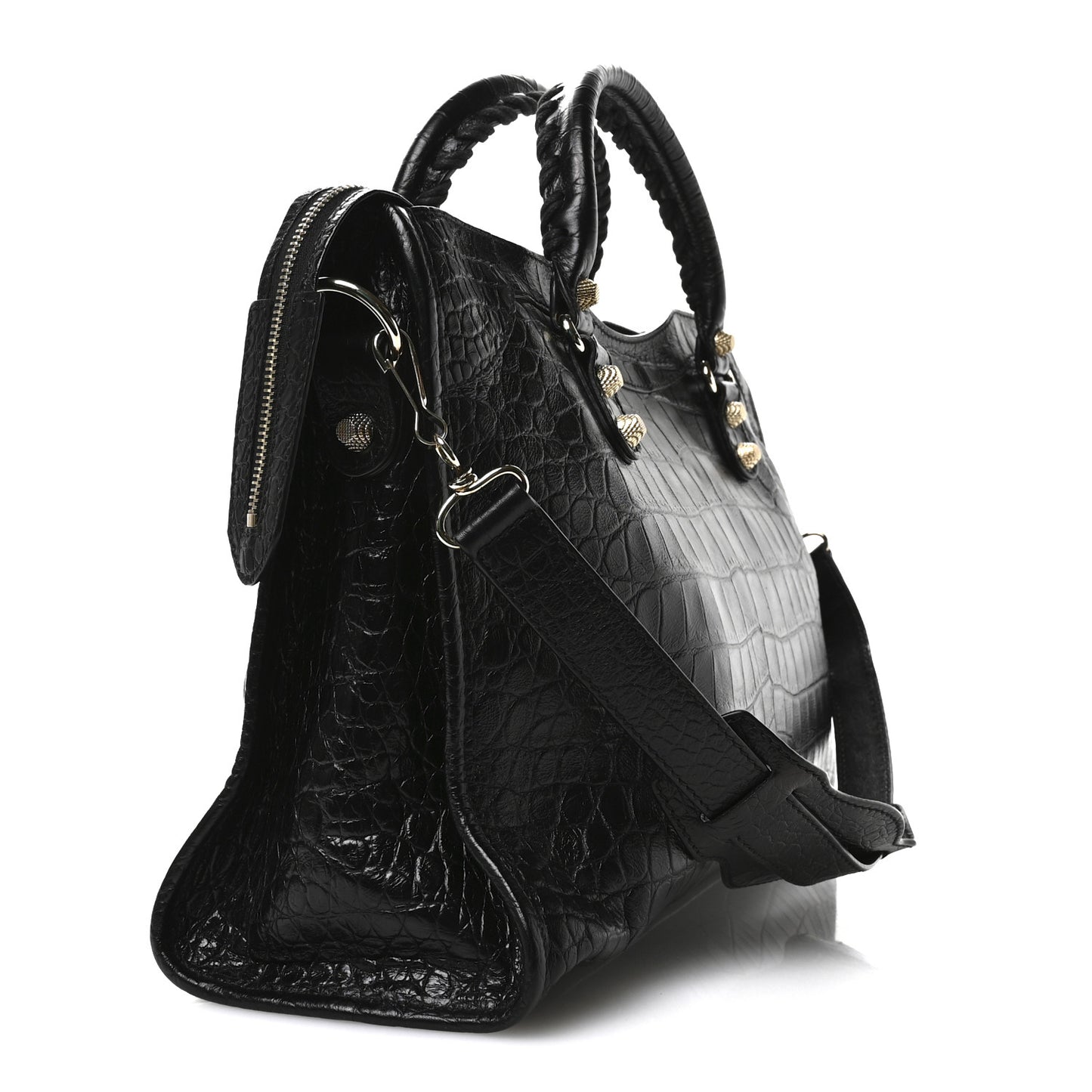 Calfskin Crocodile Embossed Giant 12 Gold Hardware City Black