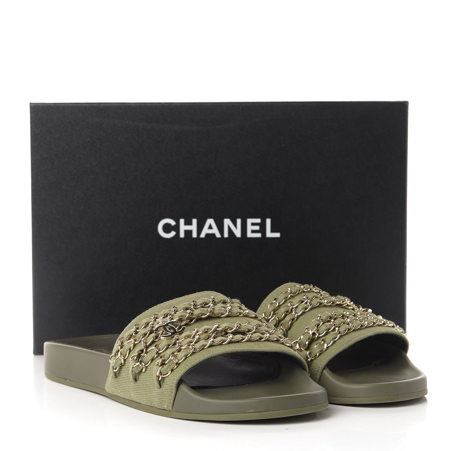 Chanel Canvas Chain Flat Sandals 40 Khaki 9 of 9