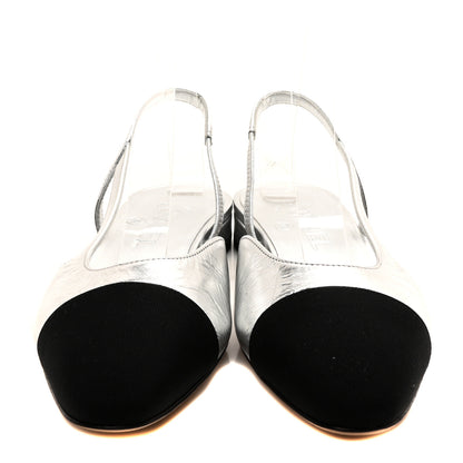 Chanel Metallic Lambskin Grosgrain Cap Toe CC Slingback Flats 36 Black Silver 3 of 8