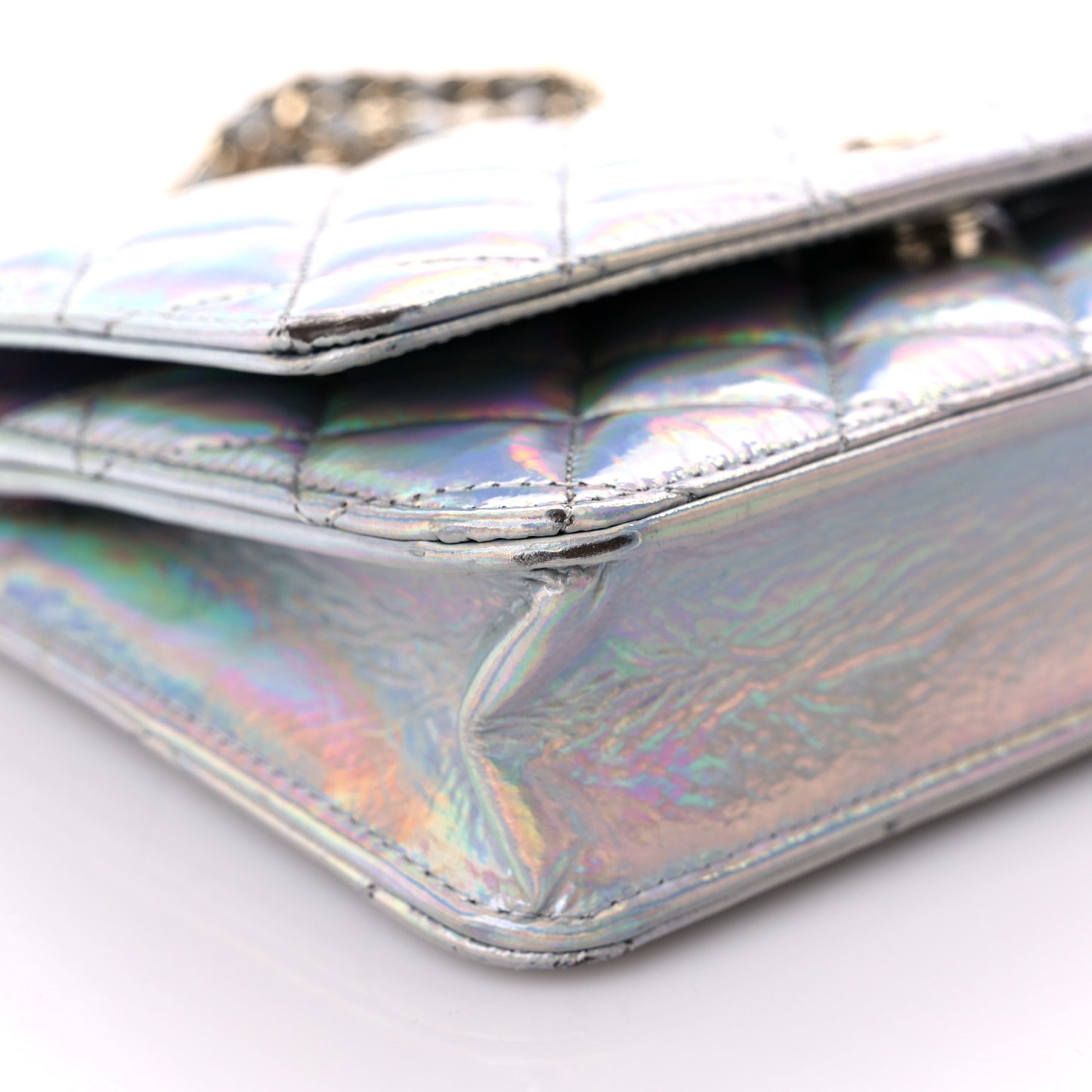 Iridescent Goatskin Quilted Wallet On Chain WOC Silver