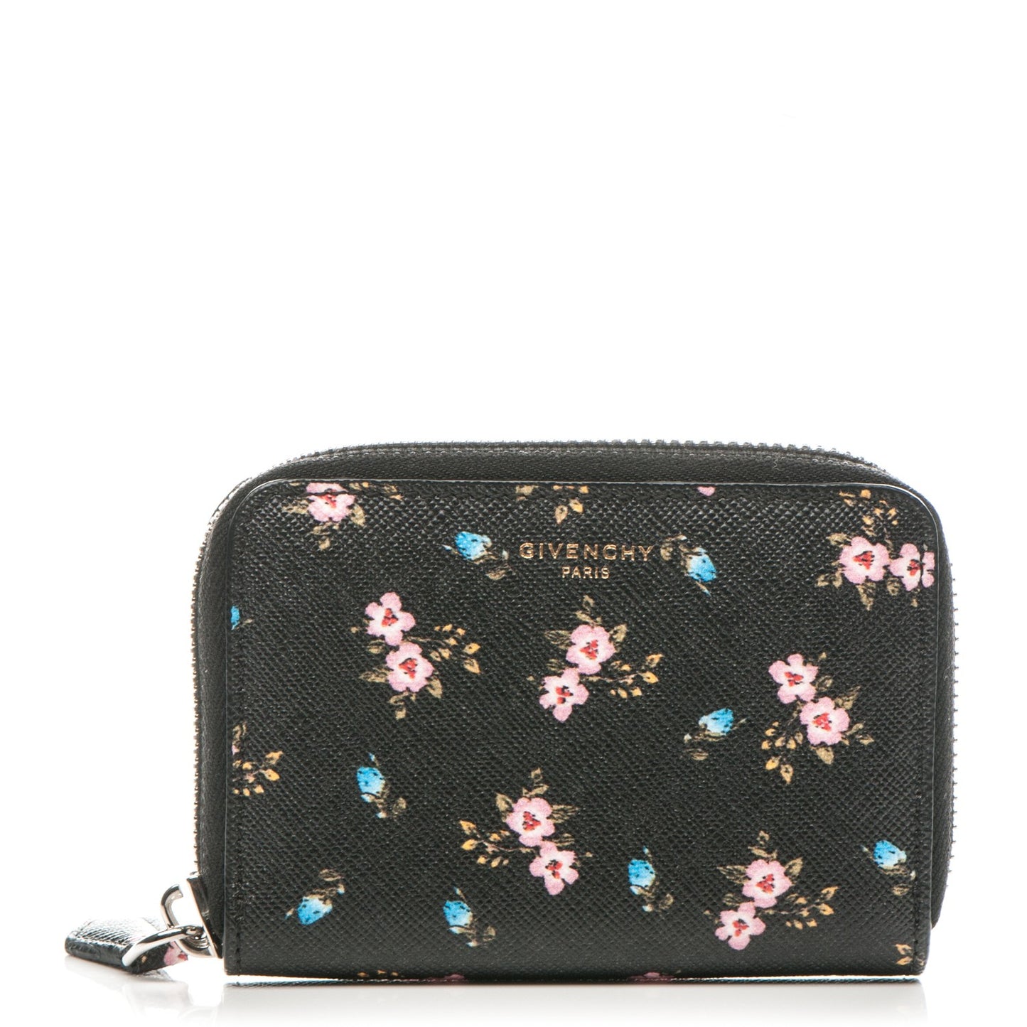 Textured Coated Canvas Hibiscus Print Mini Zip Wallet Black Multicolor