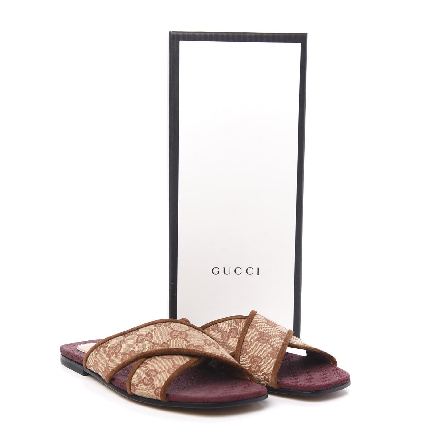 GG Monogram Suede Womens Criss Cross Slide Sandals 37.5 Beige Ruggine Cuir